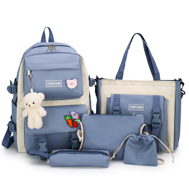New minimalist backpack for girls, Korean version, large-capacity middle school schoolbag, five-piece set, multi-functional hand-held tutorial bag Item Picture