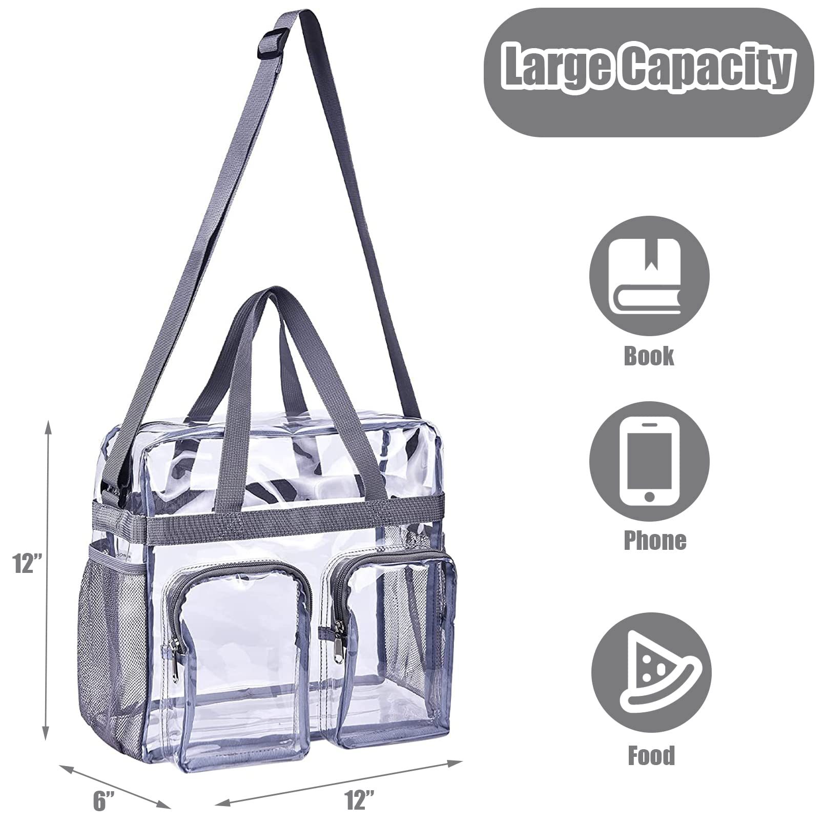 The new transparent PVC tote bag from Amazon is in stock. It has two front pockets and is portable when going out. It has multiple transparent pockets Specification drawing