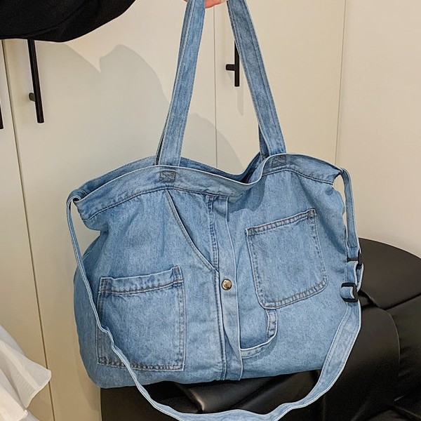 Retro hand-held shopping bag, large-capacity casual denim bag, school-style canvas single-shoulder bag, Tote ins crossbody bag full figure