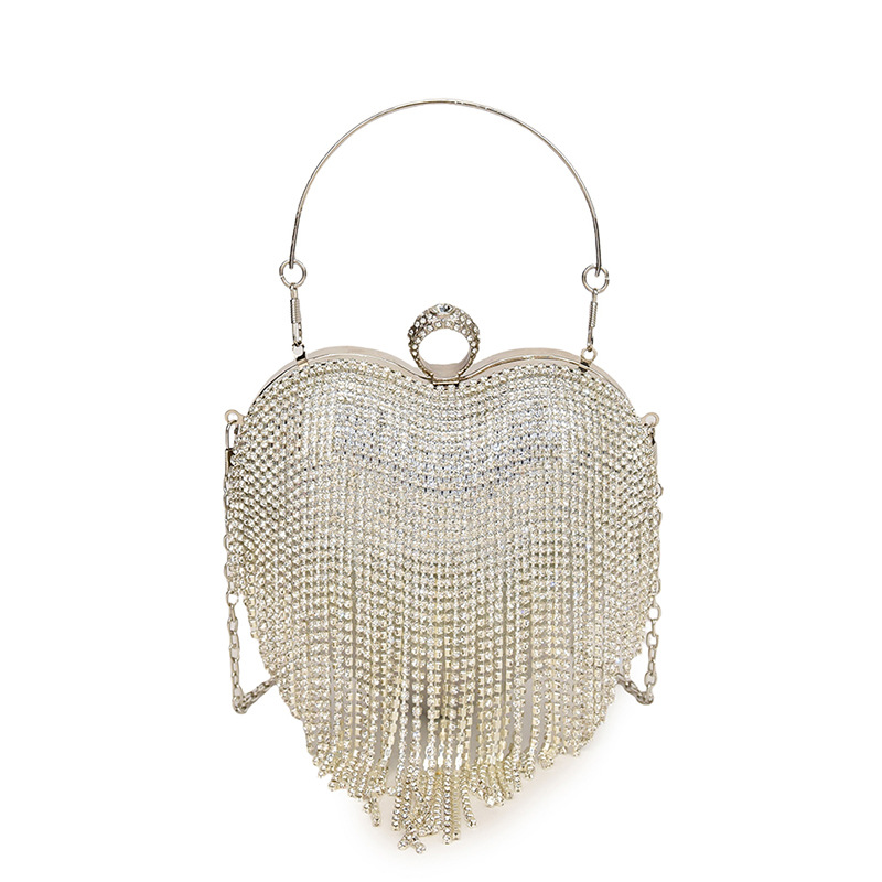 Street fringed women's bag box bag, 2024 new style fashionable diamond-encrusted heart bag, quality chain single-shoulder crossbody bag Item Picture