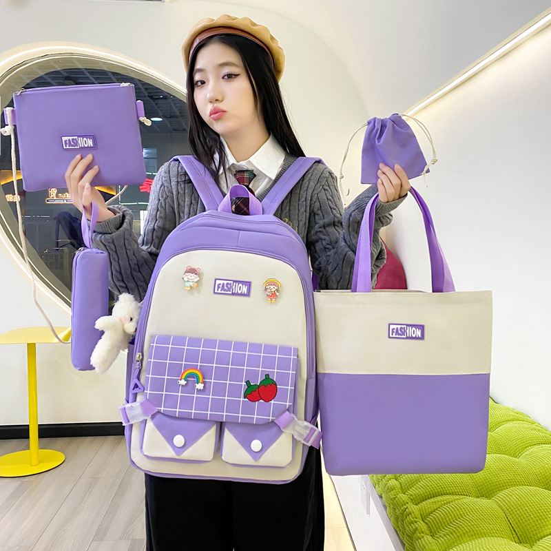 New cross-border schoolbag for girls, ins, large capacity versatile backpack for junior high school and senior high school, fashionable checkered five-piece set backpack details Picture