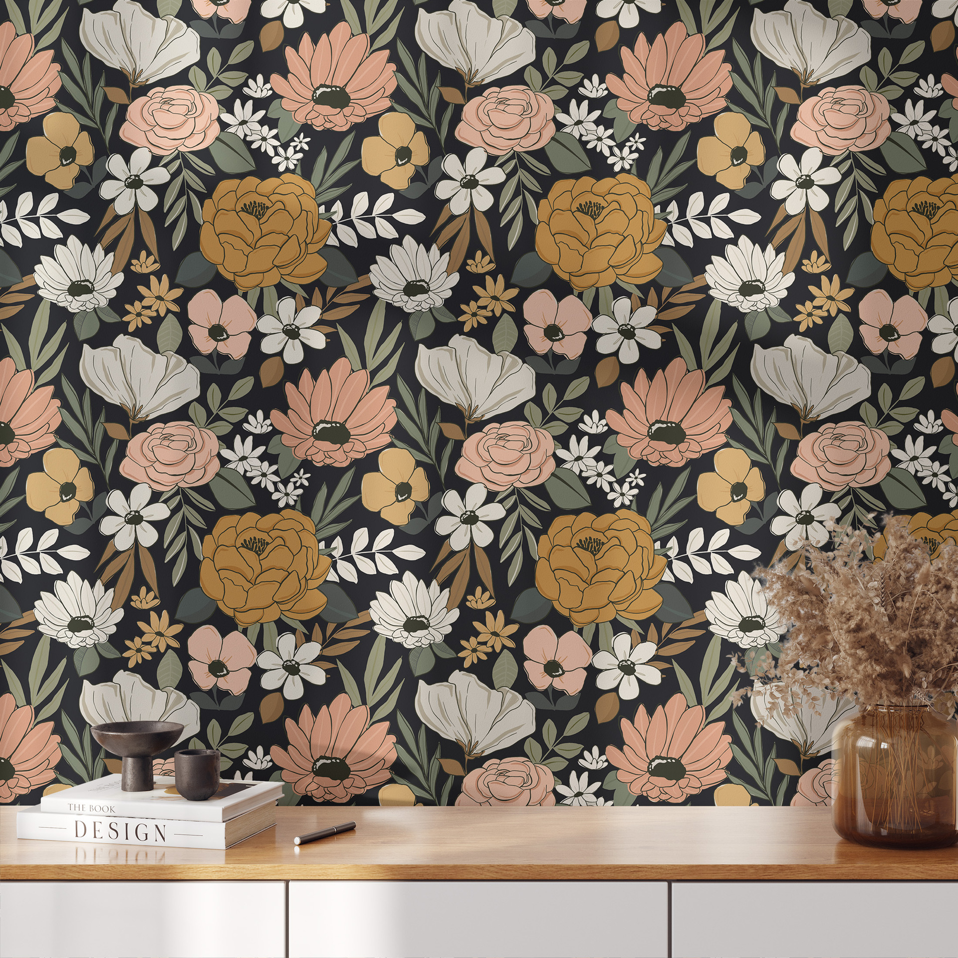 Cross-border best-selling living room background removable wallpaper with colorful flower patterns, seamless self-adhesive wallpaper RW321+330 Application Scenario