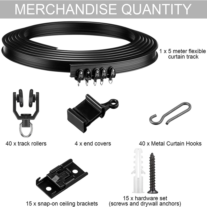 Cross-border wholesale 5-meter black curved rail hook set, flexible rail track accessories, curtain accessories full figure