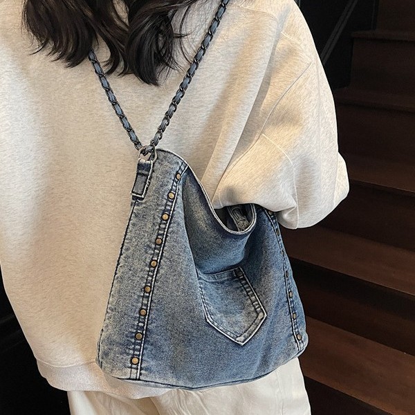 New cross-border foreign trade new Tote bag, fashionable denim solid color single-shoulder bag, casual and versatile rivet hand-carry Specification drawing