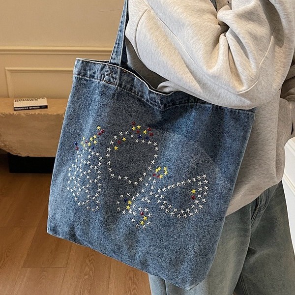 A new cross-border export denim sequined simple, fashionable and versatile commuting canvas bag from Europe and America, a high-end single-shoulder bag full figure