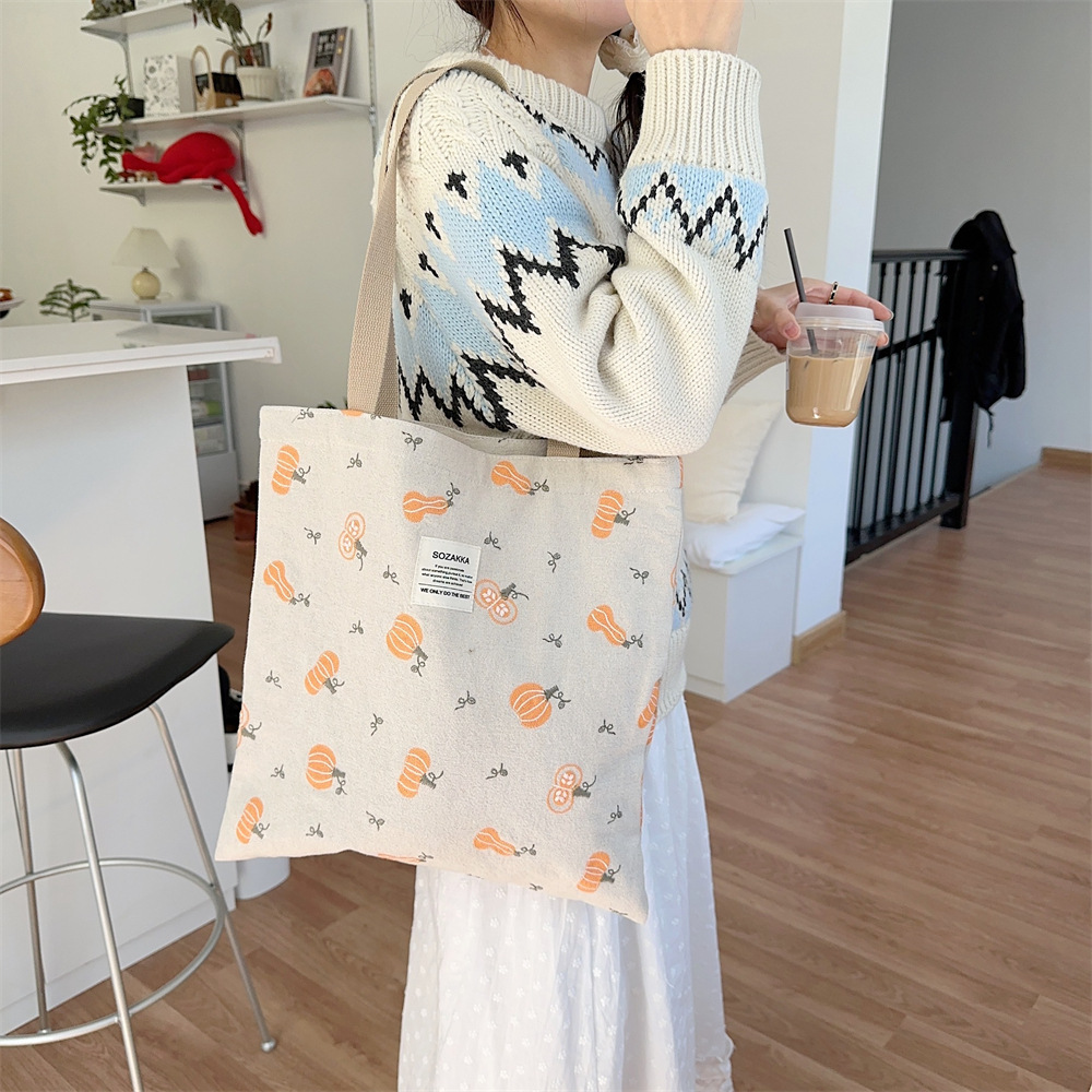 43204 Pumpkin embroidered canvas bag for women, Instagram Korean-style college student schoolbag, single-shoulder hand-carried bag full figure