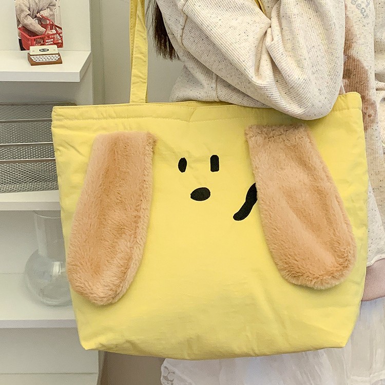 Cute cream-patterned, fluffy, cotton-padded, large-capacity single-shoulder canvas bag, Tote, large-capacity, original design cartoon bag full figure