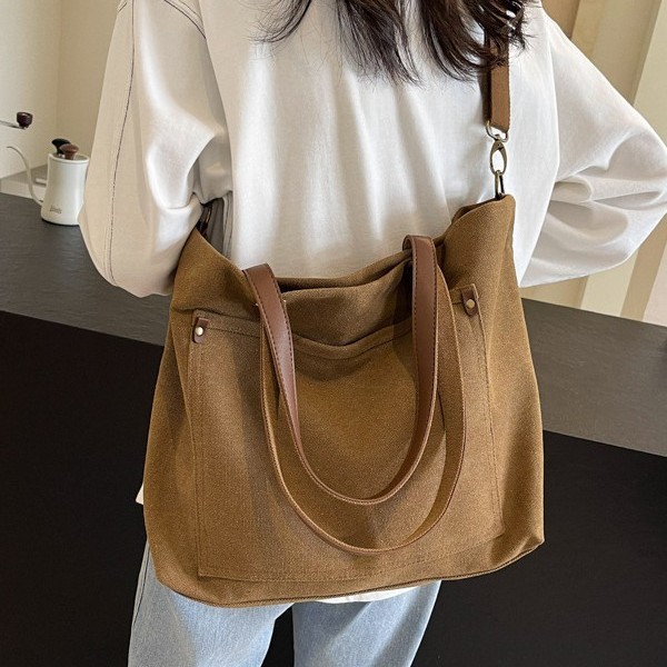 Trendy Harajuku style canvas bag for female students, large-capacity casual retro washed canvas tote bag full figure