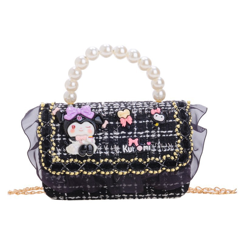 New chain crossbody children's bag, black and white checkered tweed little chanel-style girls' single-shoulder bag, cute pearl handbag Item Picture