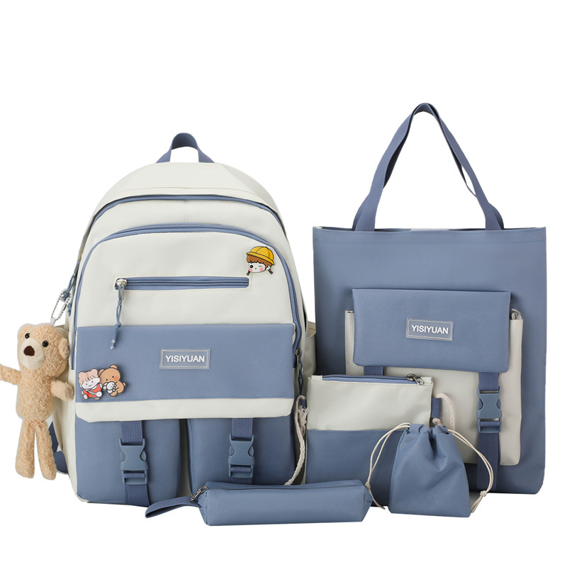 New five-piece schoolbag set for girls, Korean version, Harajuku color contrast large-capacity nylon middle school backpack, custom-made for cross-border production Item Picture