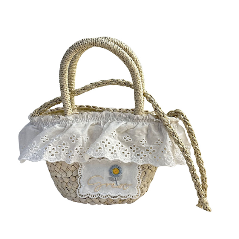 Fresh summer, cute mini handbag, girl's flower small bag, new straw woven bag, crossbody lace woven bag Item Picture