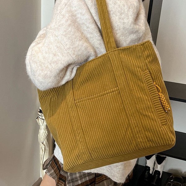Corduroy large-capacity tote bag, women's commuting to work fabric bag, student class single-shoulder handbag, simple crossbody bag Specification drawing