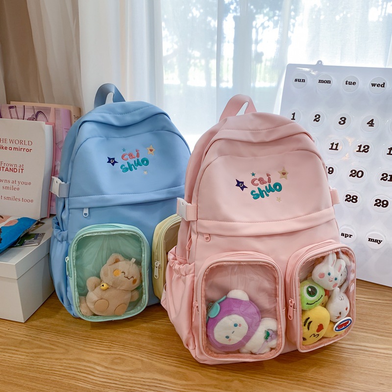 Japanese-style transparent pain bag, college style large-capacity backpack, cute backpack, college student baggy bag, travel and study tour bag full figure