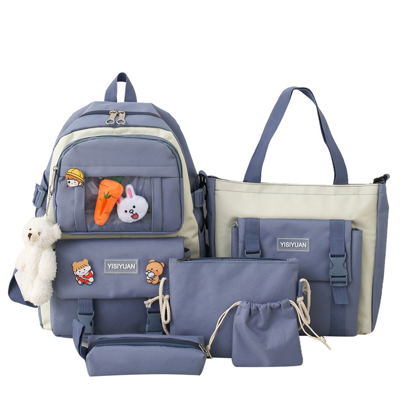 New five-piece canvas student backpack for girls, Korean version Harajuku large-capacity campus backpack, cross-border wholesale Item Picture
