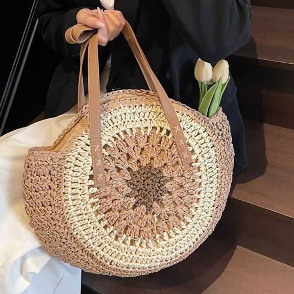 Super popular and stylish woven straw large-capacity women's 2025 new style seaside vacation beach single-shoulder tote bag details Picture