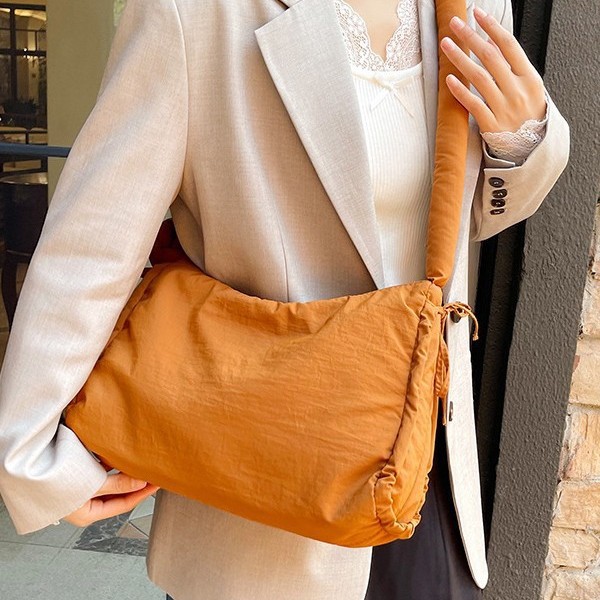 Outdoor sports style large-capacity nylon single-shoulder crossbody bag, retro tie handbag, women's casual solid color underarm bag full figure