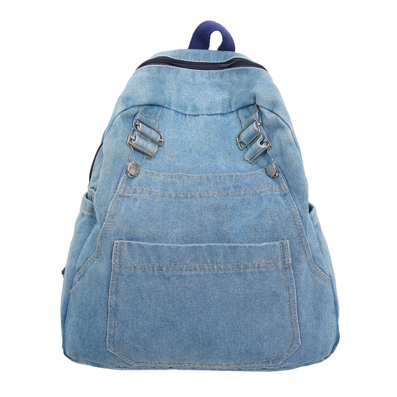 Japanese-style denim backpack for women, large-capacity schoolbag, simple solid color, stylish casual travel backpack Item Picture