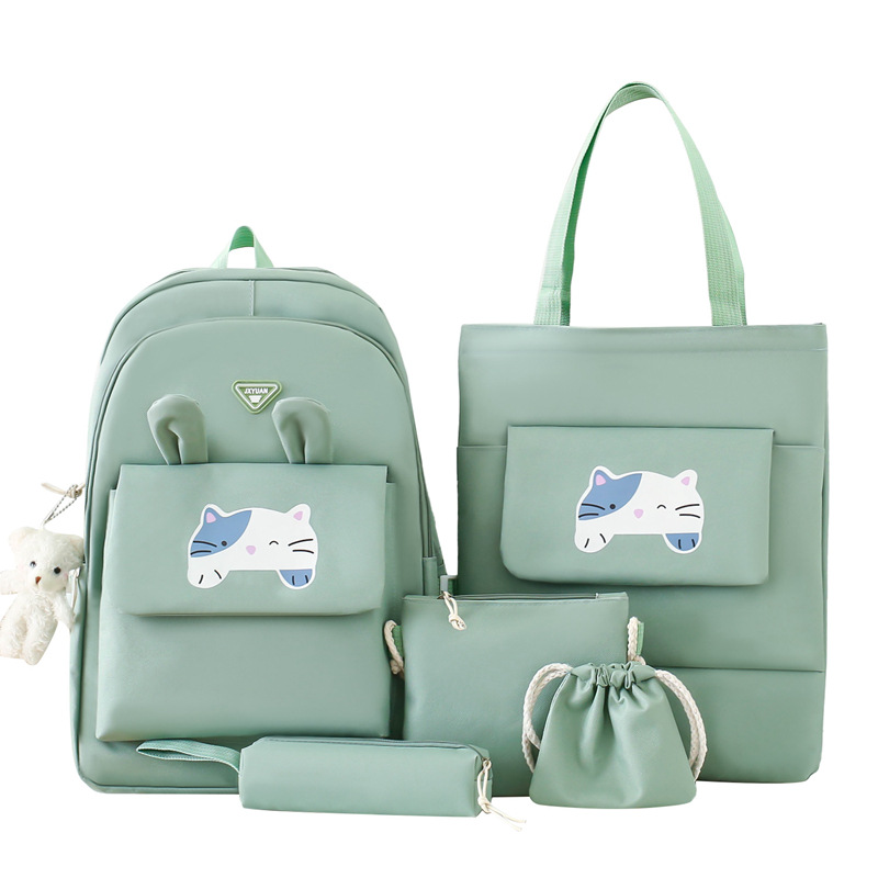 New large-capacity student schoolbag, cute cartoon cat, five-piece backpack set for primary school students, simple backpack for girls Item Picture