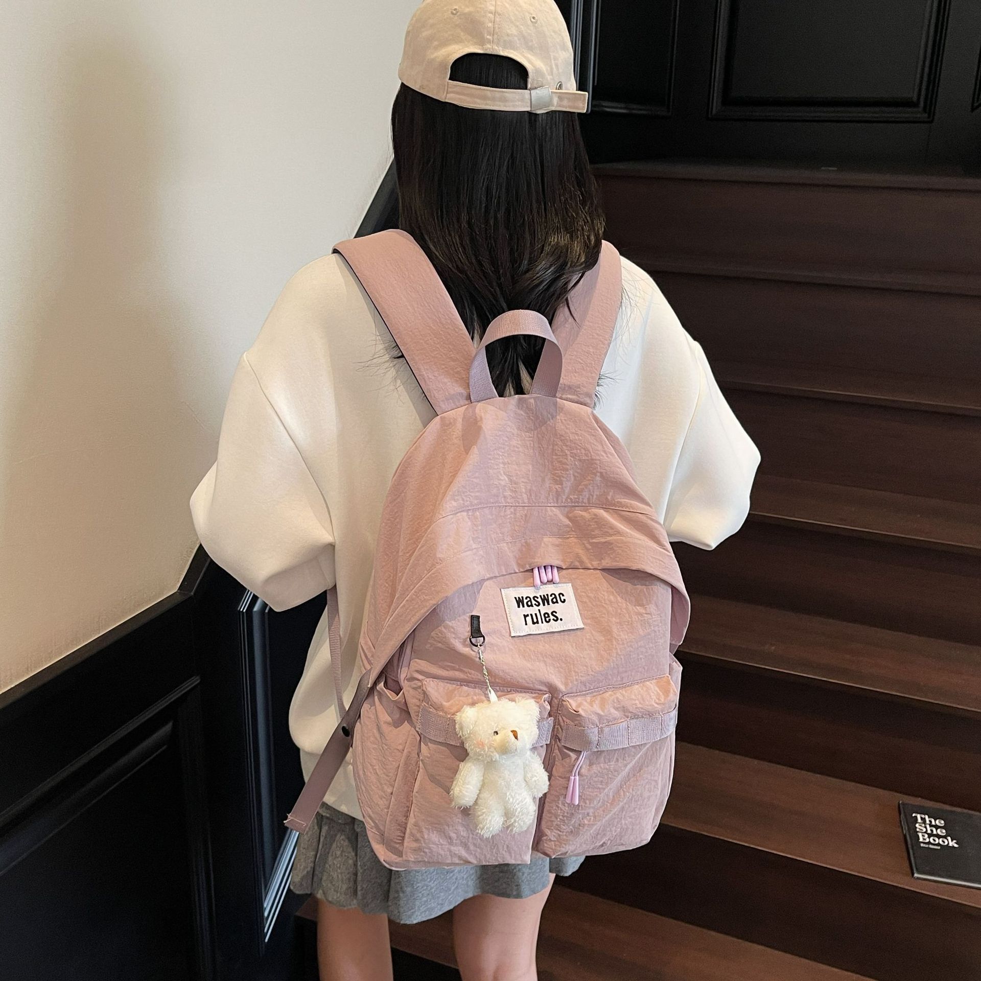 A new, stylish and versatile summer backpack with a high level of appearance for female college students in 2025. It's a color-block backpack details Picture