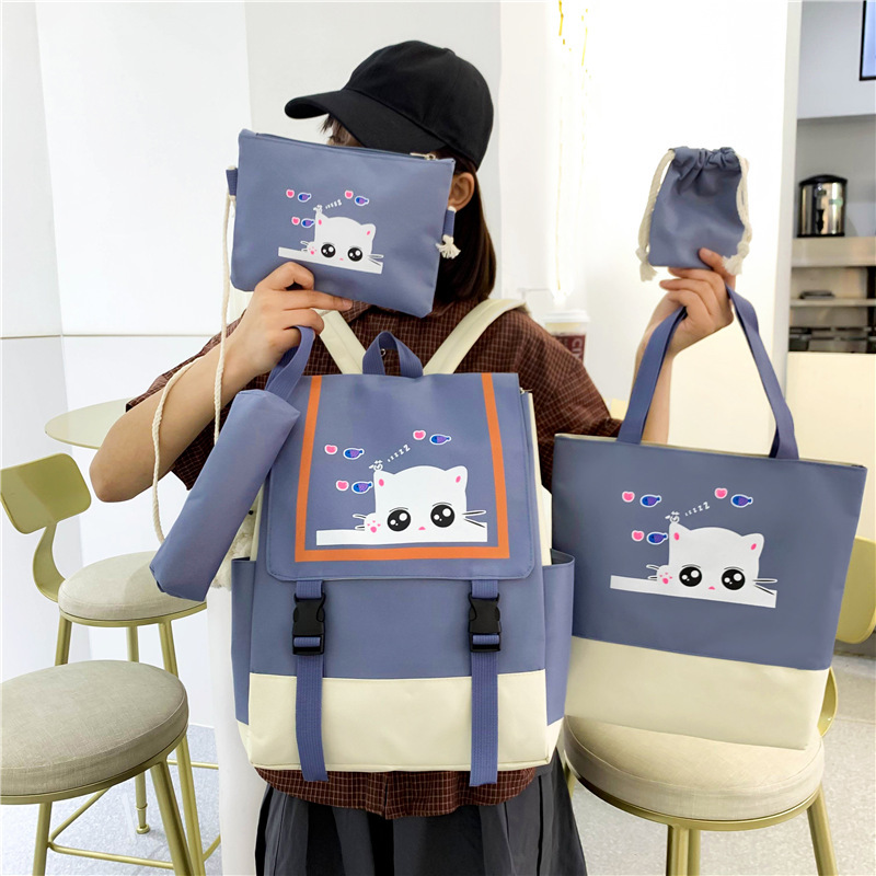 New school style 5-piece backpack set for Grade 34, 56 primary school students, cute cat-printed middle school schoolbag details Picture