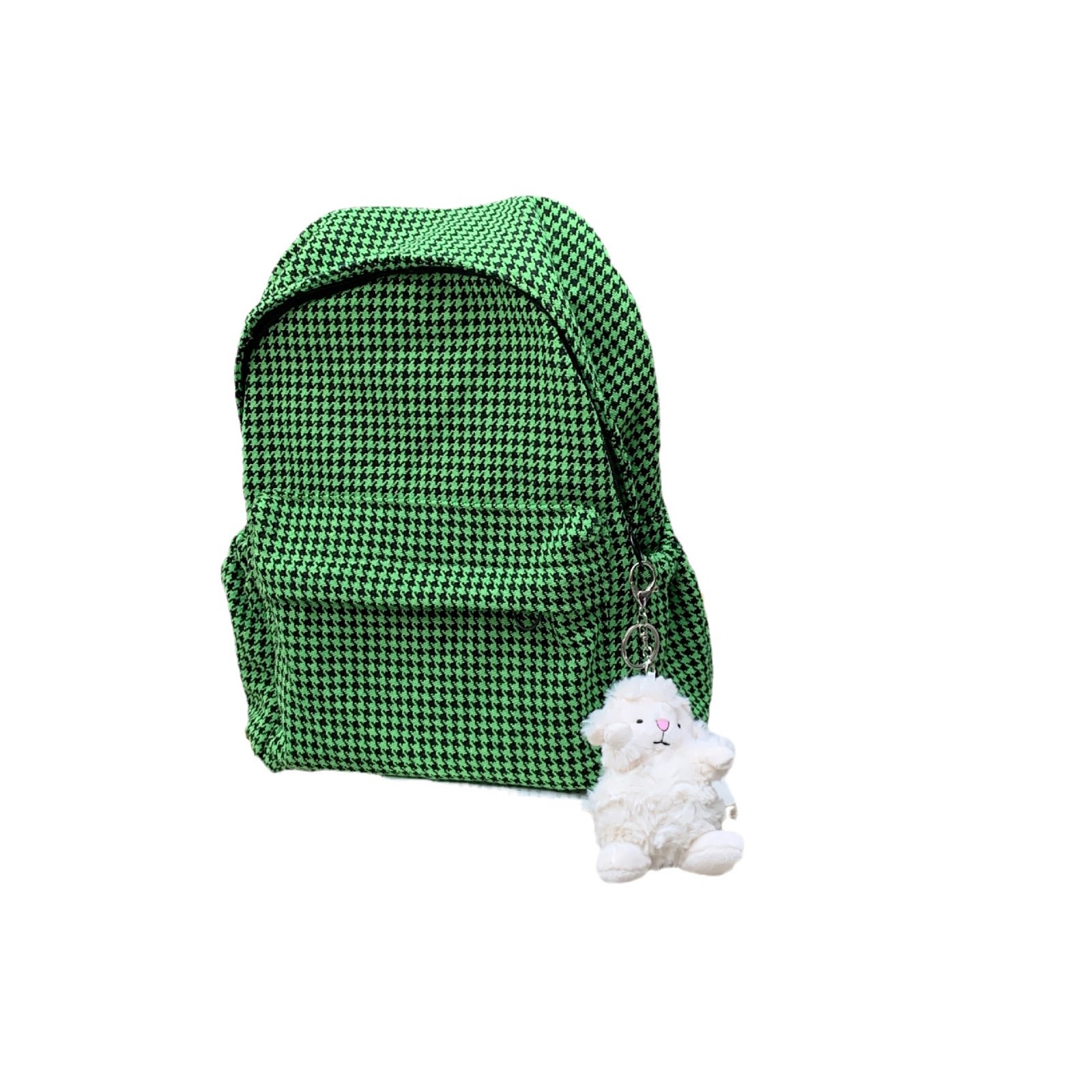 19202 Dark green small checkered woolen backpack, Korean-style checkerboard backpack, large-capacity female student schoolbag Item Picture
