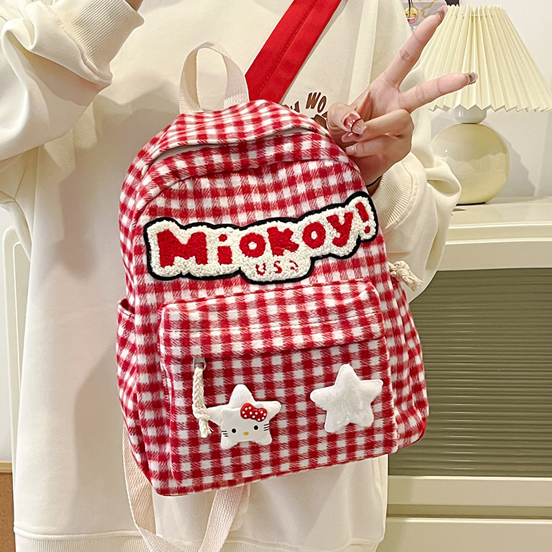 Cross-border red backpack, checkered cartoon, Japanese style 2025, cute student small backpack travel, spring outing snack small bag details Picture