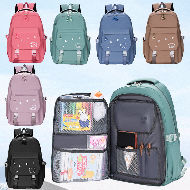 New backpack for primary school students with bear prints, casual and cute children's schoolbag, simple and durable campus backpack full figure