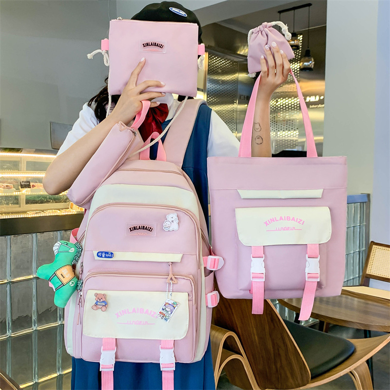Schoolbag, birthday backpack for primary and junior high school students, large-capacity fashionable travel bag for girls, Korean version five-piece set bag Specification drawing