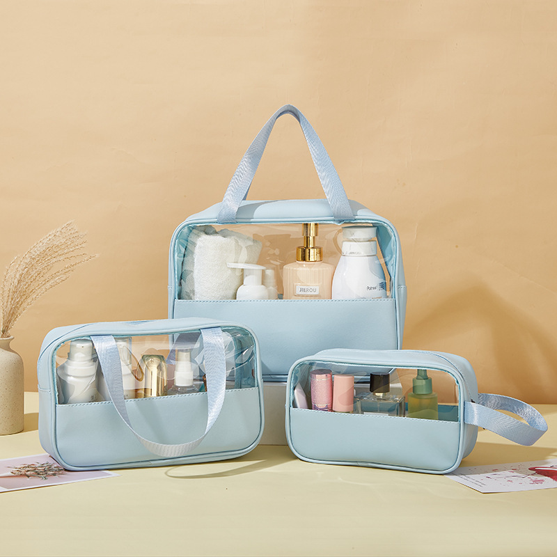 In stock: PVC semi-transparent spliced cosmetic bags, large-capacity bath bags, PU waterproof hand-carry portable travel storage bags Specification drawing