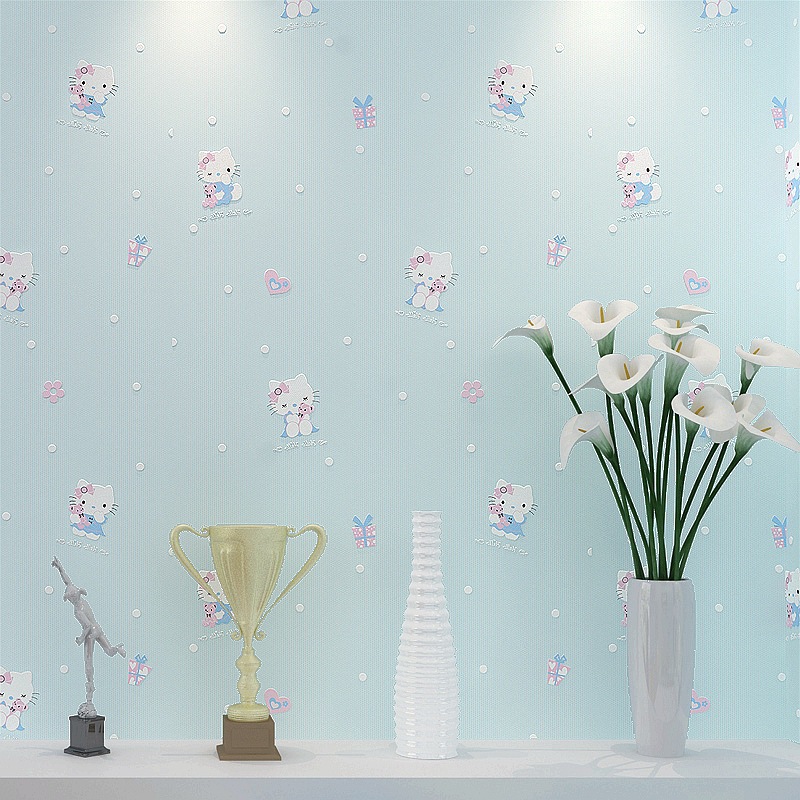 Light pink 3D embossed cartoon wallpaper for boys' and girls' rooms and clothing stores, warm and simple KT cat children's background wallpaper Application Scenario