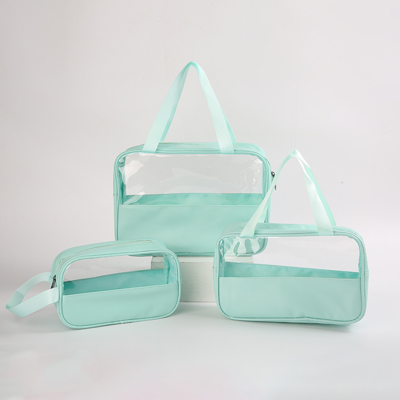 In stock: PVC semi-transparent spliced cosmetic bags, large-capacity bath bags, PU waterproof hand-carry portable travel storage bags Application Scenario