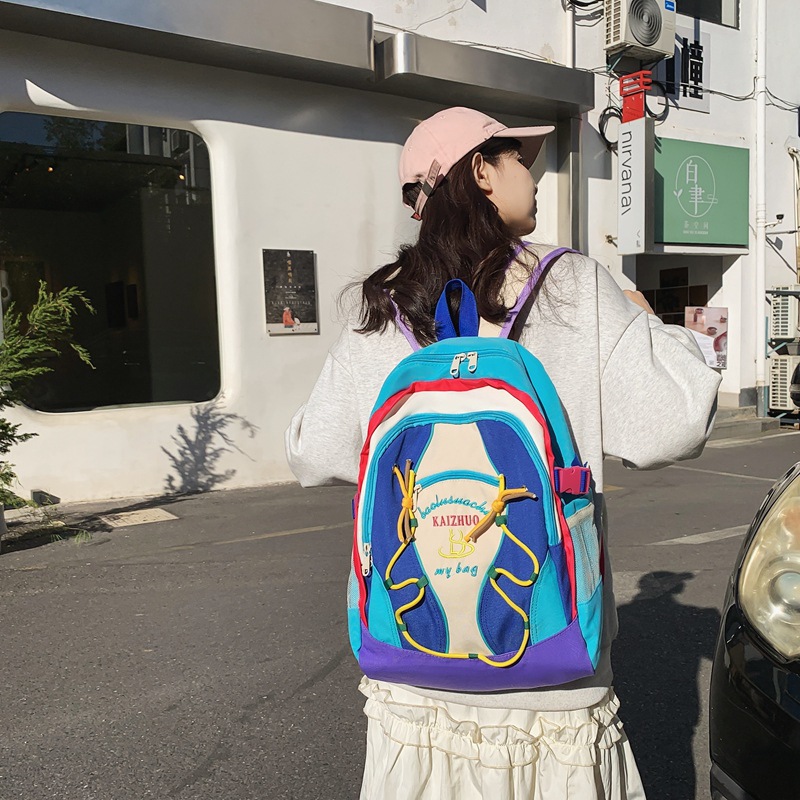 Cross-border niche color-blocking backpack, large-capacity schoolbag for female college students, junior and senior high school students, cute travel backpack Specification drawing