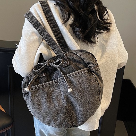 Denim bag for women 2025 new style, versatile small round bag for ladies, commuting bag for work, shoulder bag for college students' class bag Specification drawing