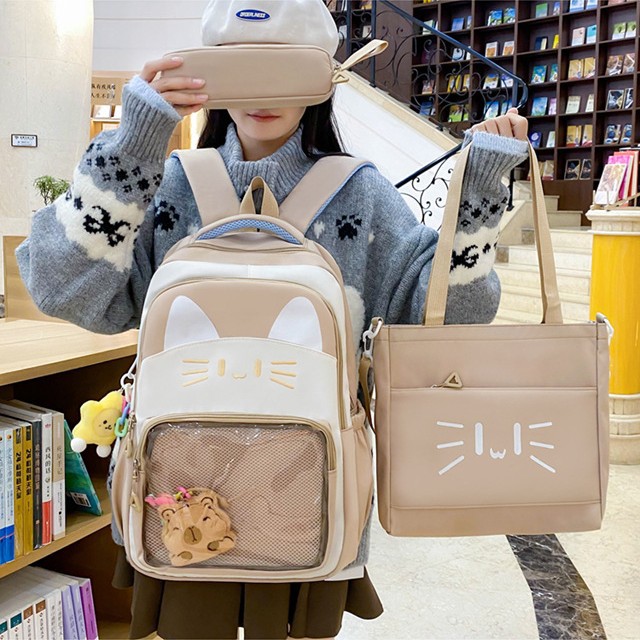 Korean cartoon cat canvas pen case, cute student test paper file file storage bag with handle file bag Application Scenario