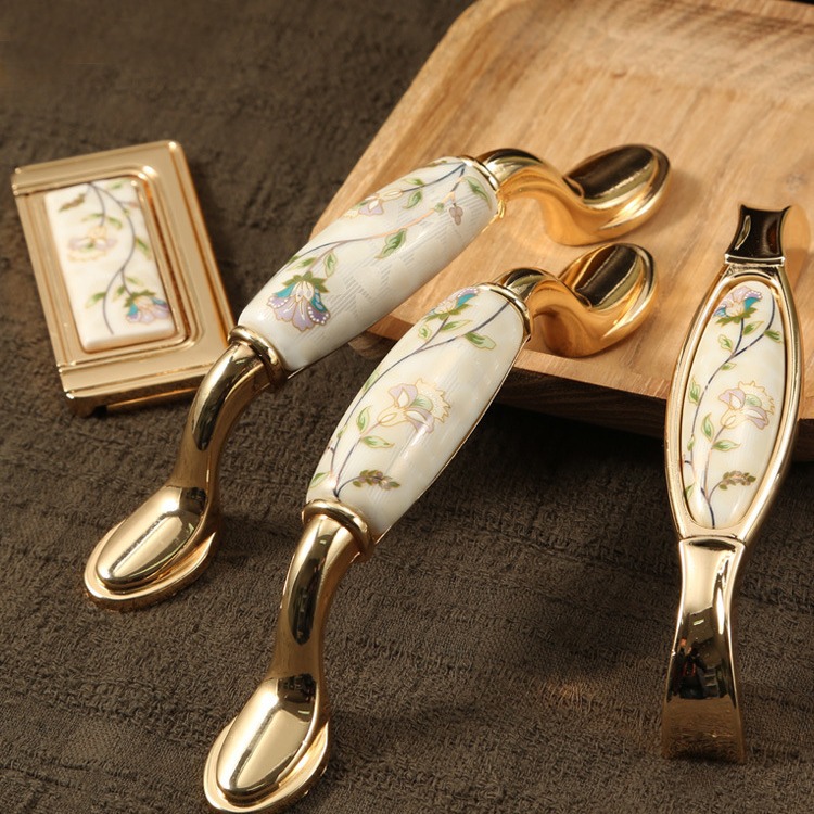 European-style golden ceramic handles, cabinet and wardrobe handles, simple European pull handles, light luxury cabinet doors and drawers, European-style handles details Picture