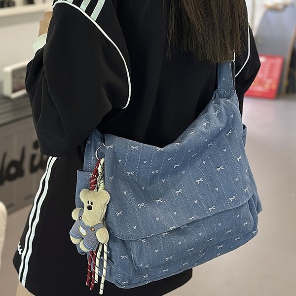 Denim canvas bag for women, retro spring/summer, fresh bow, 2025 new commuter large-capacity single-shoulder crossbody bag full figure