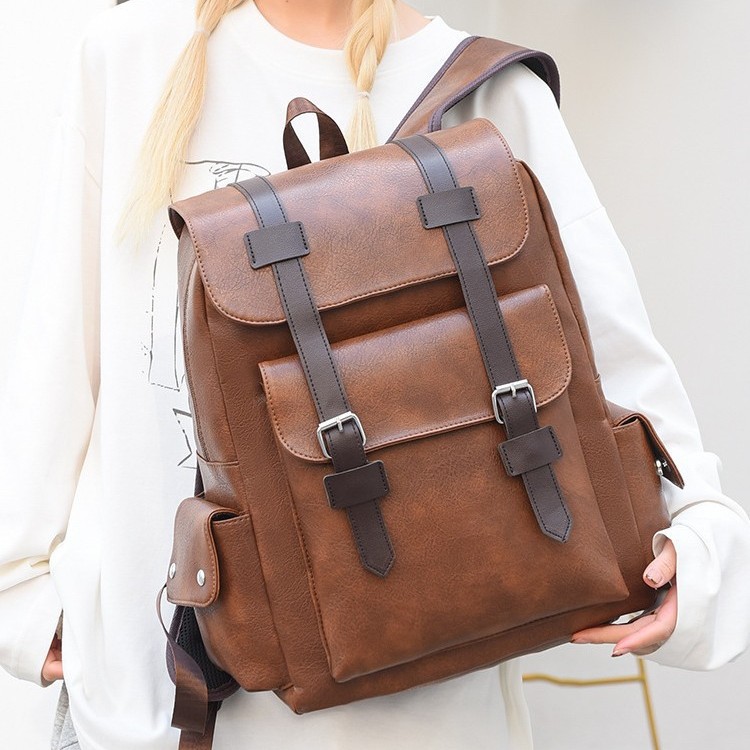 Cross-border men's simple and retro business computer bag, new soft pu trendy travel large-capacity backpack full figure