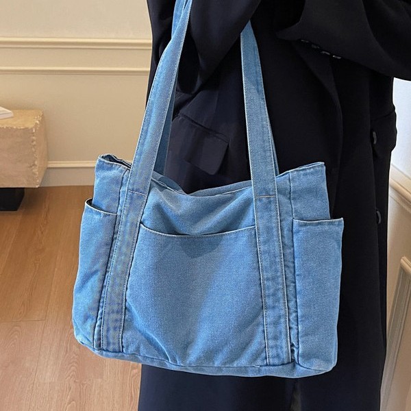 Washed denim large bag for women, 2024 new winter versatile commuter tote bag, workwear style retro underarm bag full figure