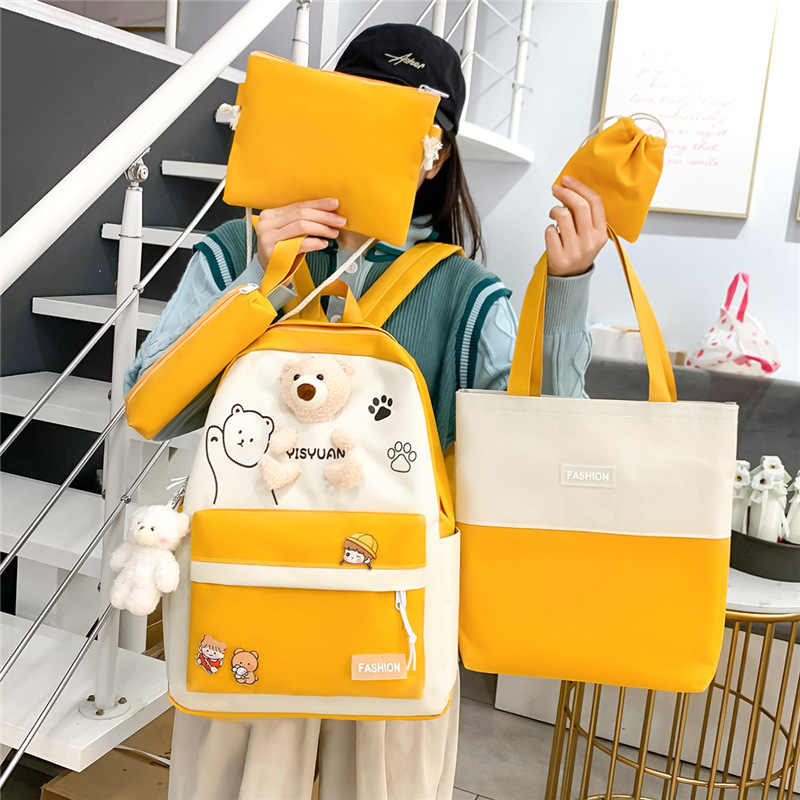 New five-piece schoolbag set, cute Korean bear doll for girls, junior high school campus backpack, canvas student backpack Specification drawing