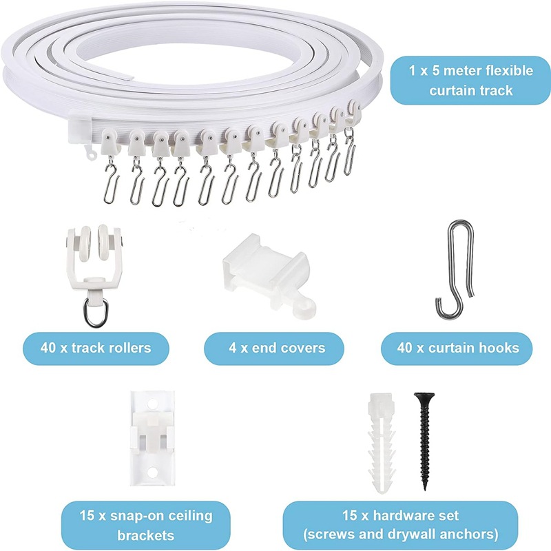 5-meter PVC curtain curved rail, silent sliding rail, flexible U-shaped and L-shaped rail, curtain accessories, plastic steel, white full figure