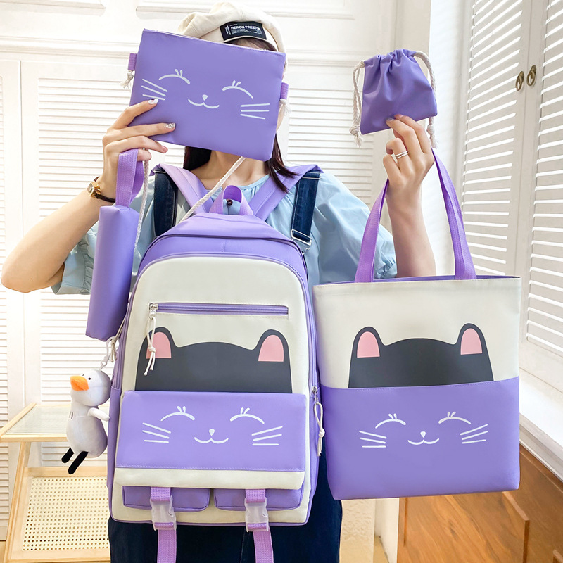 Five-piece set of schoolbag for primary school students, cute cartoon cat backpack for girls, lightweight and large-capacity casual backpack for junior high school students details Picture