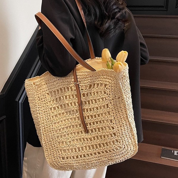 Artistic large-capacity single-shoulder cotton thread woven bag, 2025 new style hollowed-out commuter tote bag, beach vacation bag details Picture