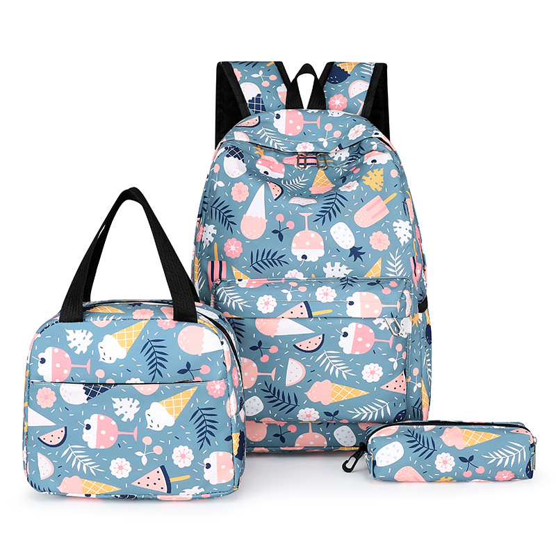 Three-piece set of student backpacks, Korean-style fashionable and casual printed backpack, large-capacity computer bag, college student schoolbag details Picture
