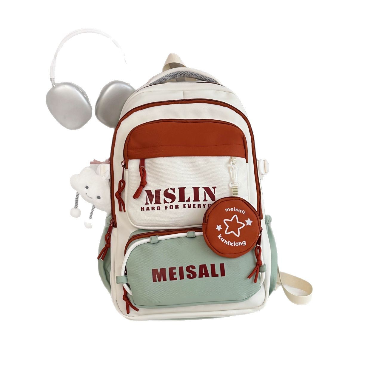 Korean retro color-blocking schoolbag, high-capacity backpack for girls, high school and middle school students, versatile travel backpack for junior high school students Item Picture