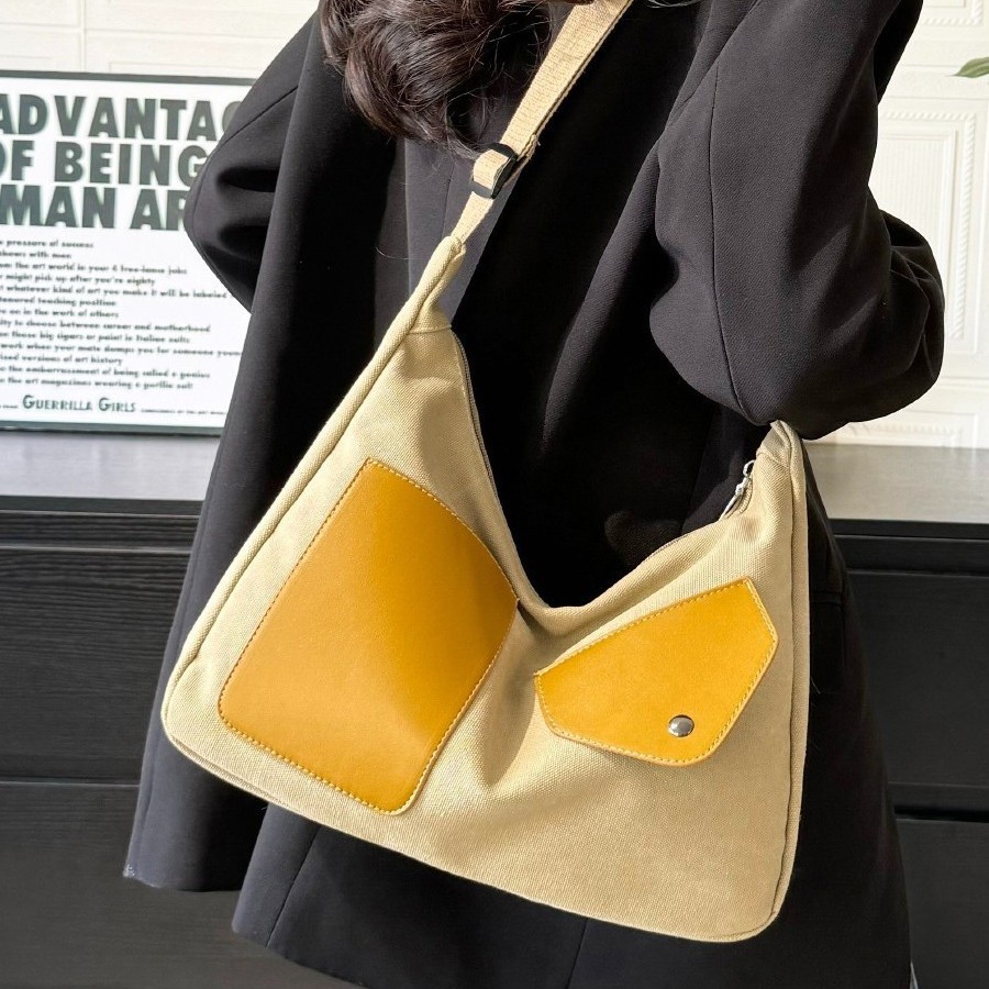 ins Japanese large-capacity canvas bag, women's casual and versatile single-shoulder dumpling bag, student's school commuting crossbody bag full figure