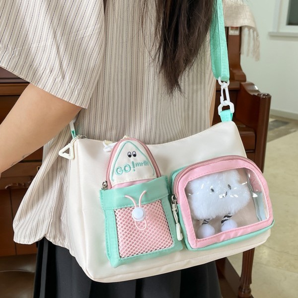 Teenage girl style pain bag, crossbody bag, hand-held baby bag, large capacity, daily casual, student transparent pain bag, Japanese style color-blocking bag Specification drawing