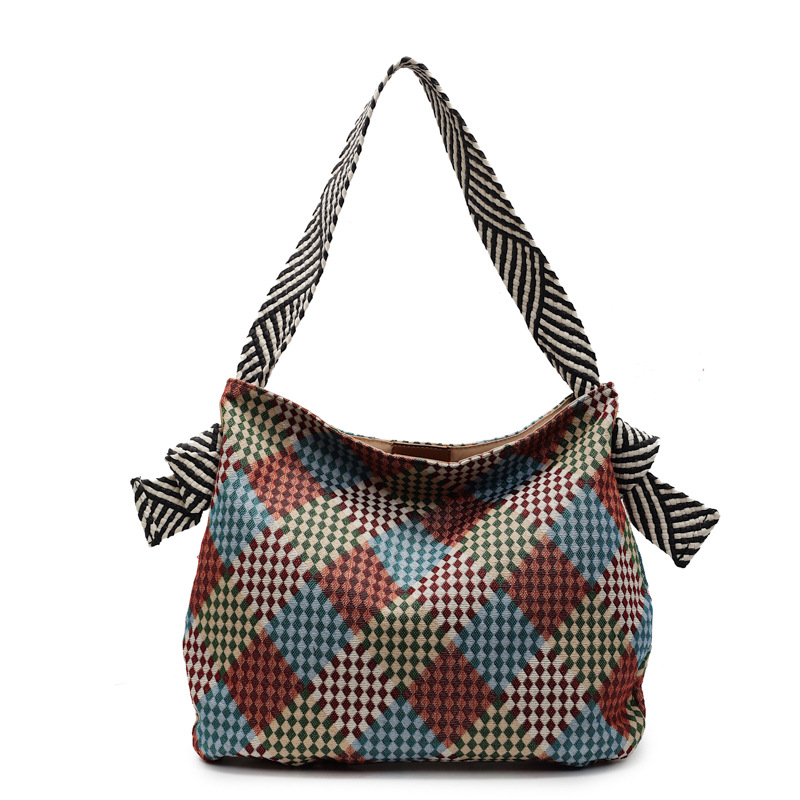 Fashionable ethnic style knitted shopping bag 2025 new style contrasting color relaxed check printed fabric pocket single-shoulder bag Item Picture