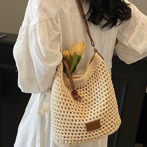 Spring/Summer ins Trendy Woven Bag 2025 New Style Simple, fashionable and casual straw woven bag Large capacity versatile single-shoulder bag Specification drawing