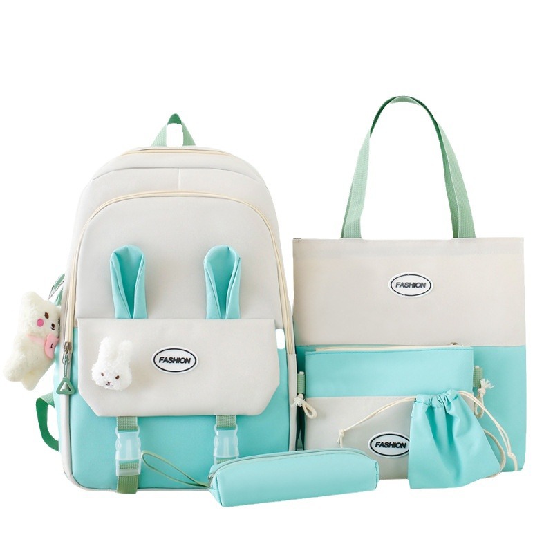 Cross-border supply of cute schoolbags, large-capacity casual backpacks for primary and secondary school students, five-piece set, little rabbit children's backpacks Item Picture