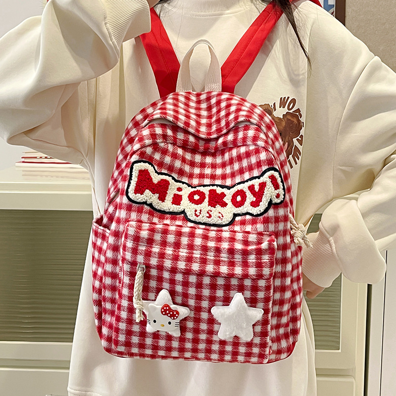 Cross-border red backpack, checkered cartoon, Japanese style 2025, cute student small backpack travel, spring outing snack small bag full figure